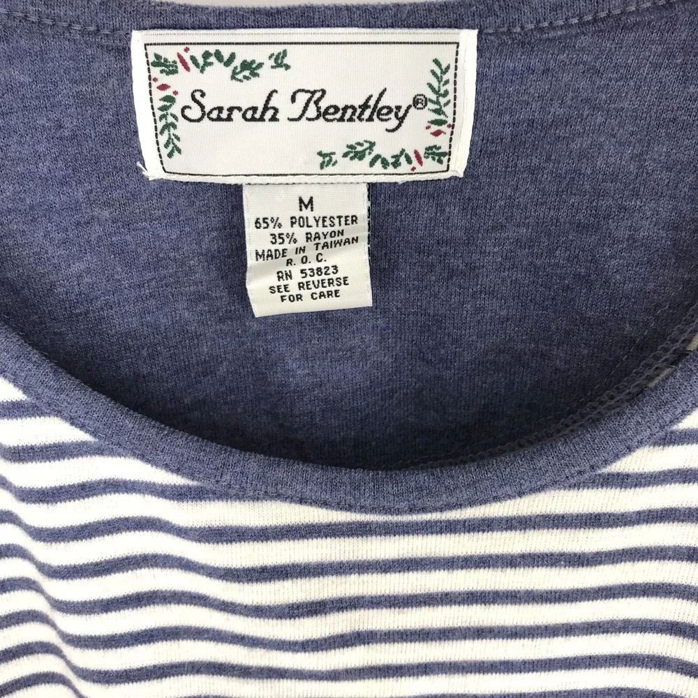 Sarah Bentley Womens 3/4 Sleeve Blue Striped Top Size Medium